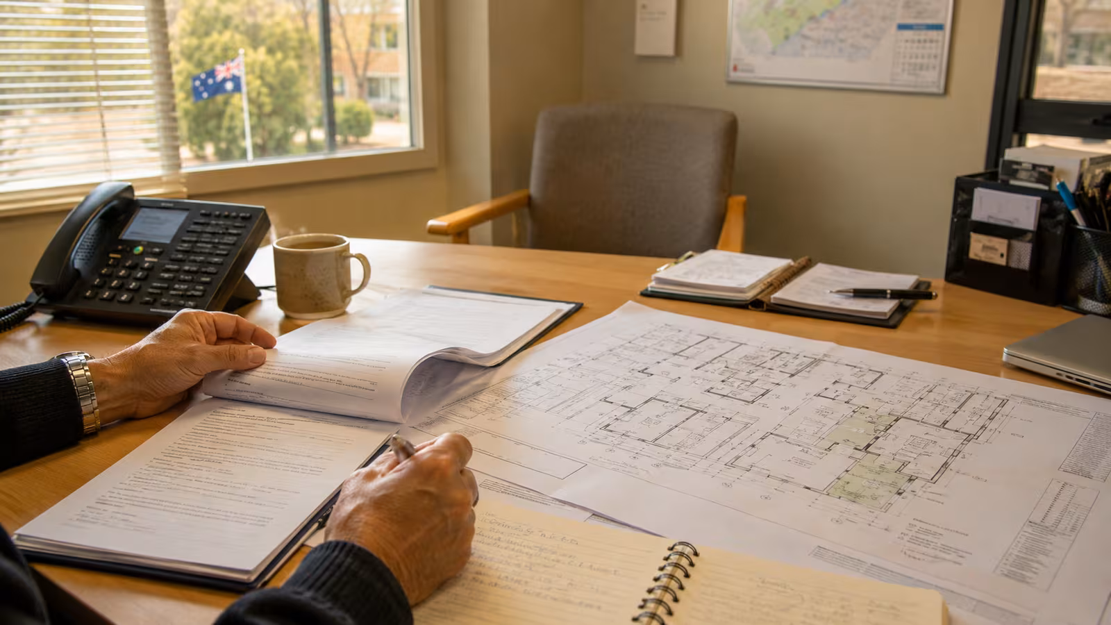 Annual compliance contract and facility floor plan on a desk