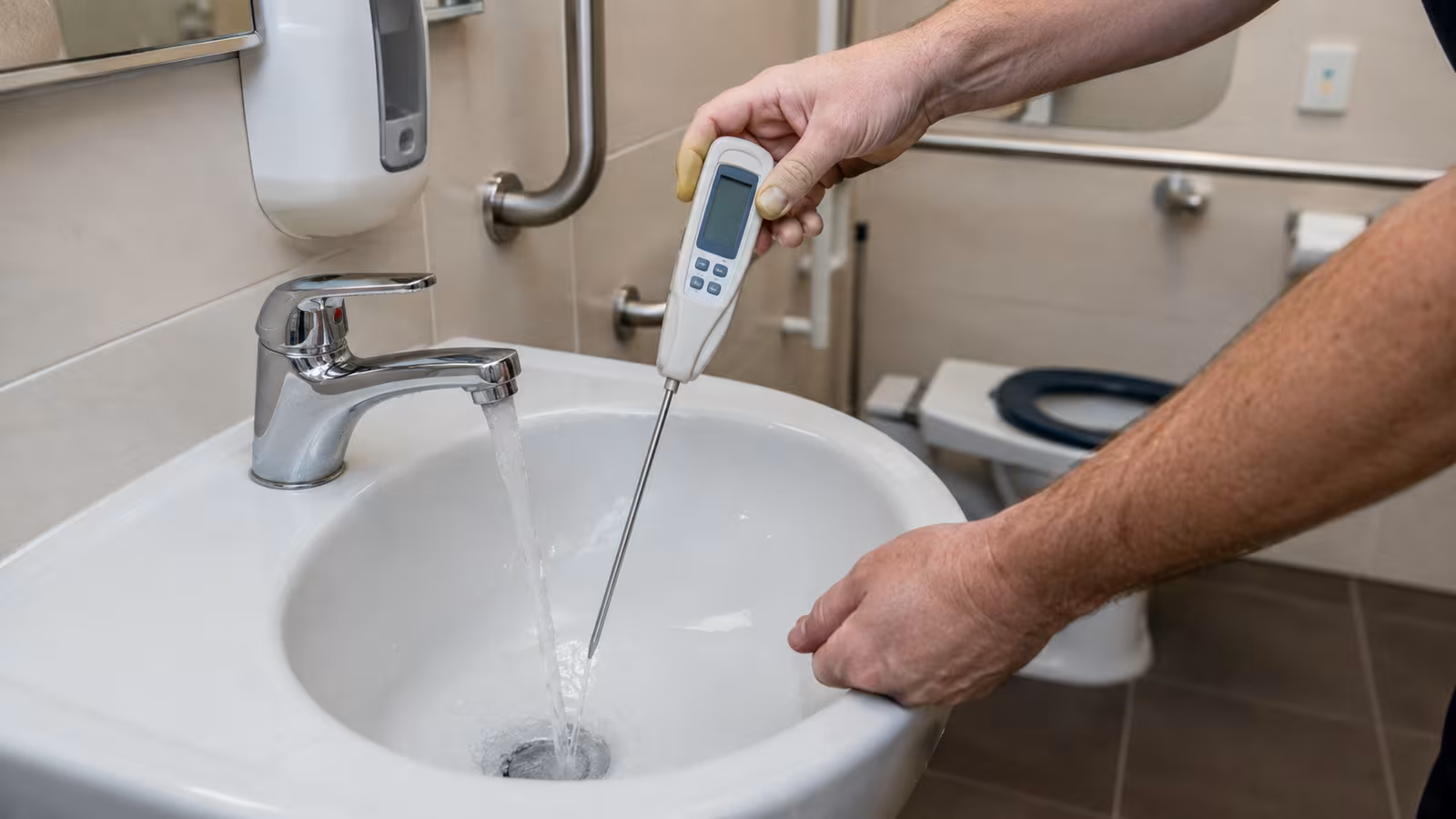 Testing water temperature at an aged-care hand basin with a probe thermometer