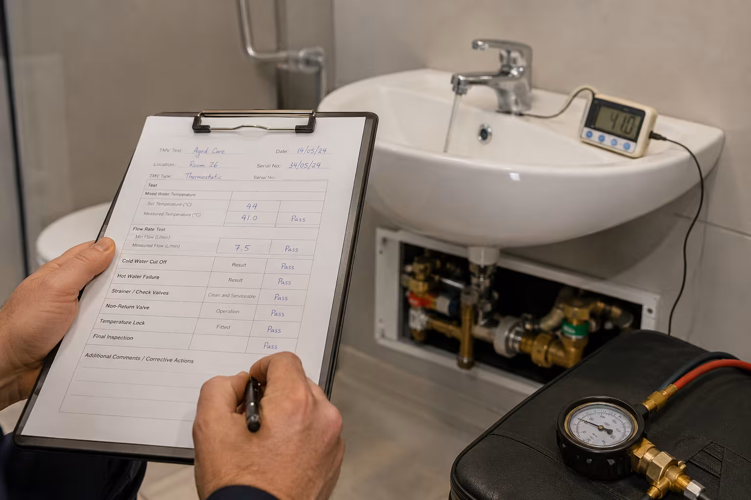 Completing a TMV test report beside an aged-care hand basin