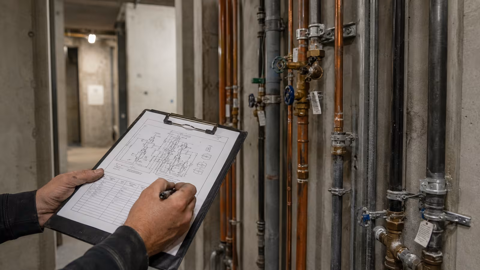 Compliance schedule and riser diagram in an apartment services corridor