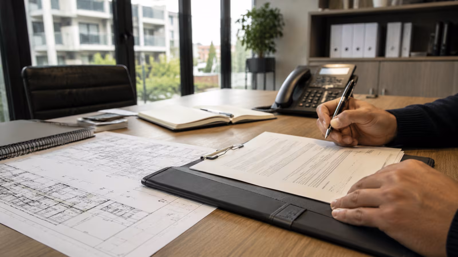 Owners-corporation works approval and building plans on a table