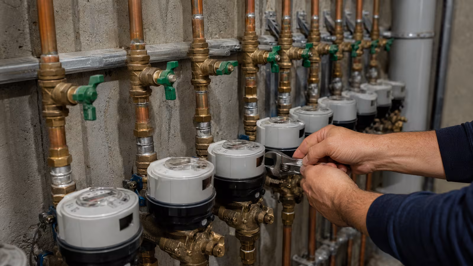 Apartment water-meter bank with isolation valves being serviced