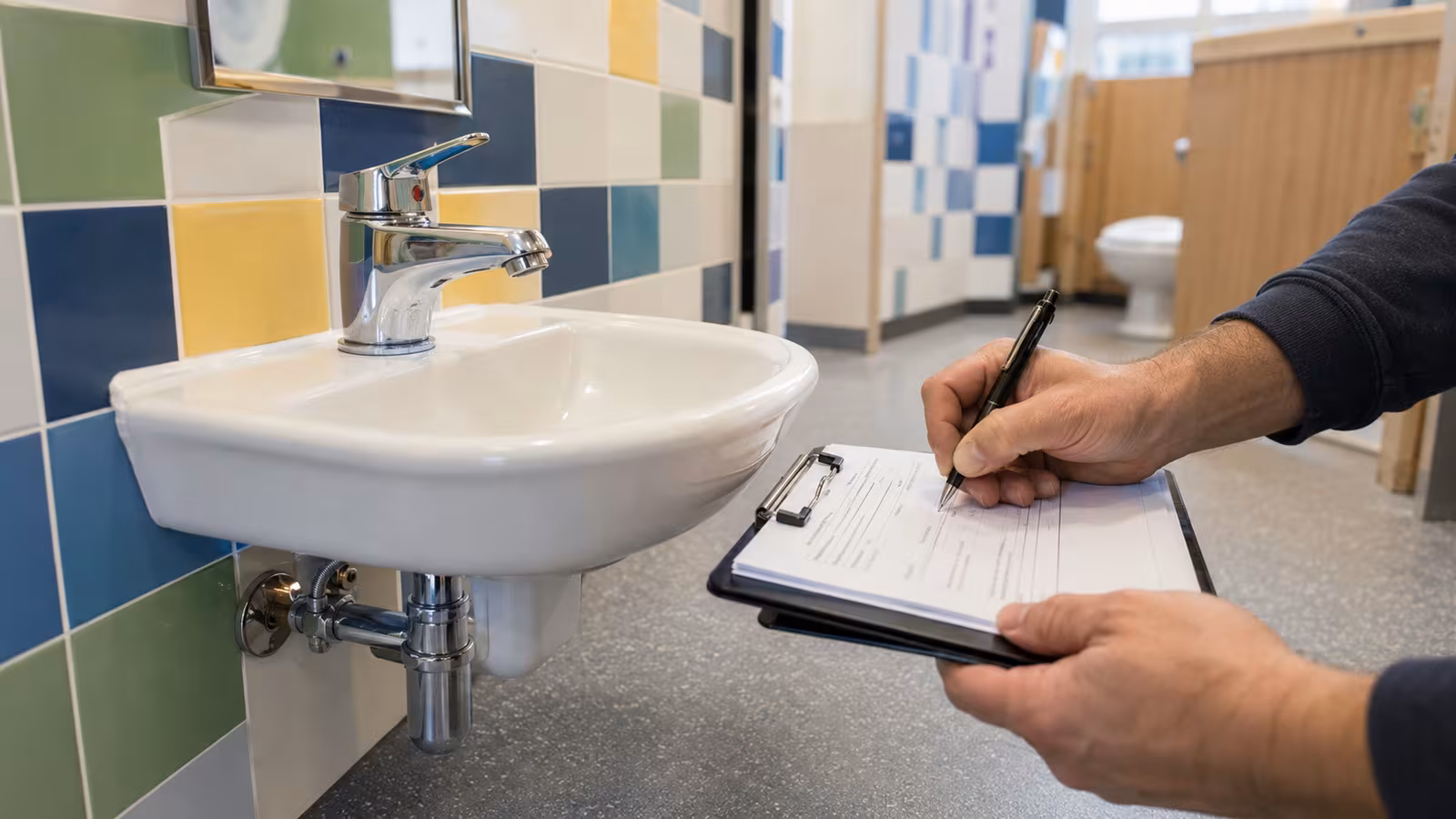 Completing a TMV compliance record by a toddler-height basin