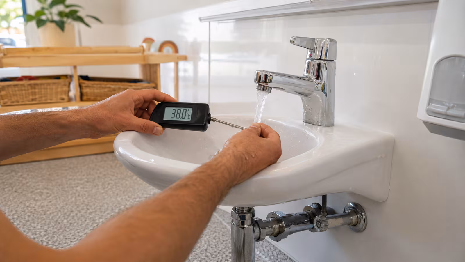 Digital thermometer under running water at a toddler-height basin