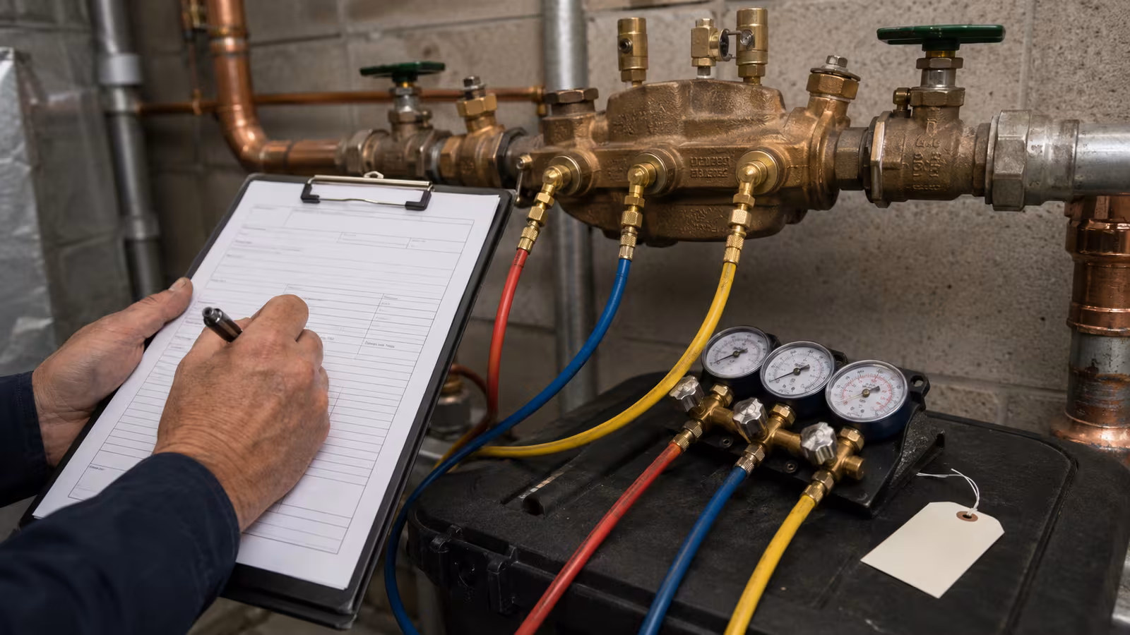 Completing an RPZD backflow test report in a plant room