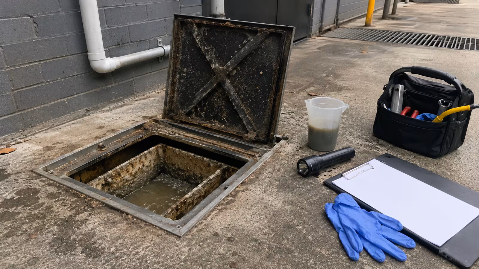 Commercial grease arrestor opened for inspection