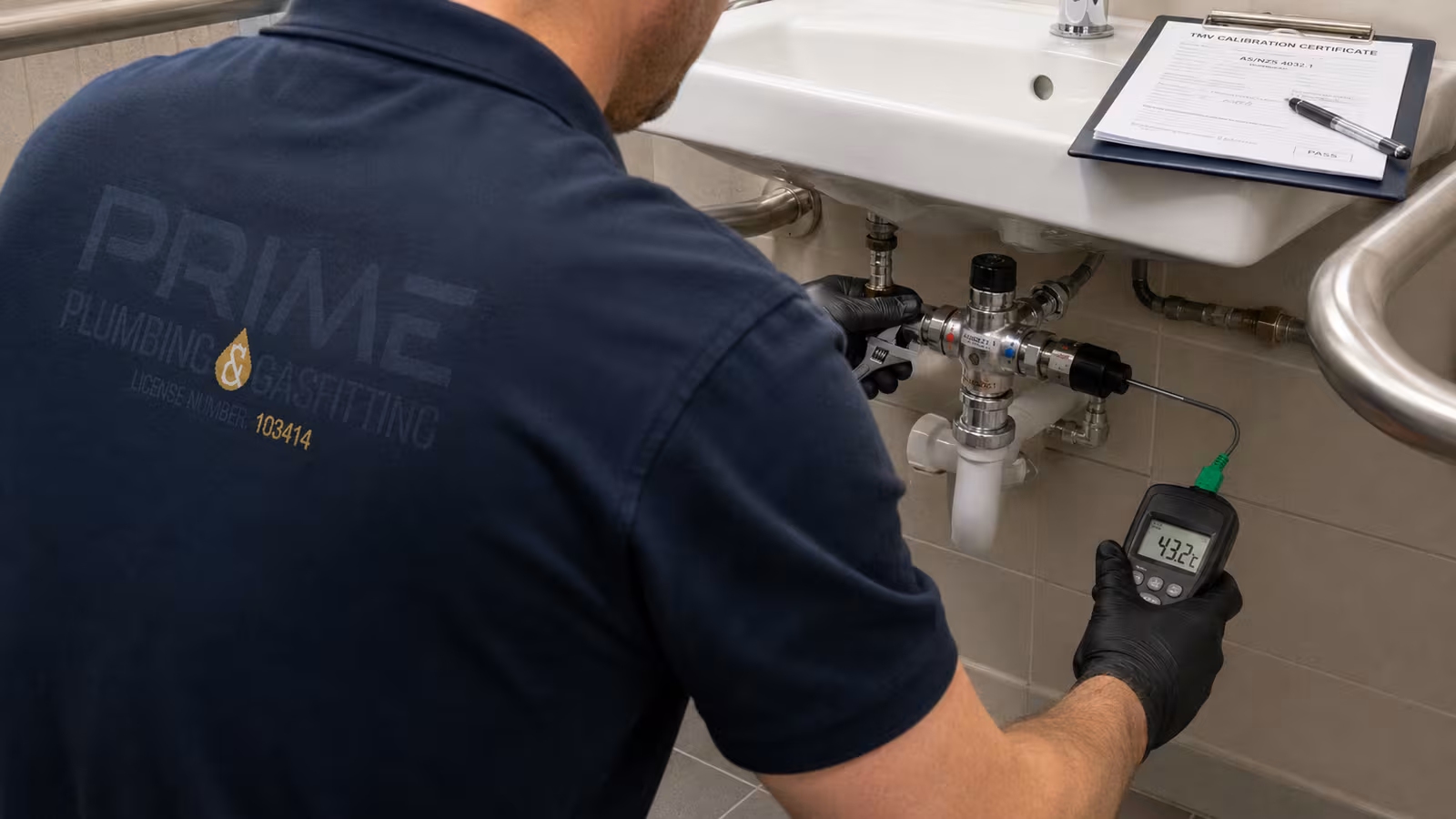 Aged care plumbing Melbourne, TMV testing on a hand-wash basin in a Melbourne residential aged-care facility, Prime Plumbing & Gasfitting