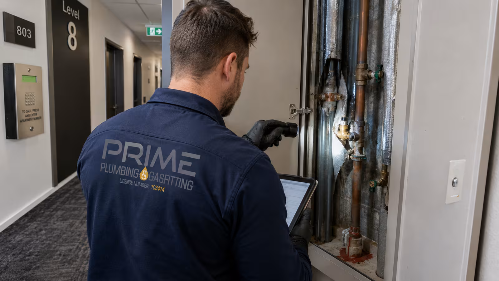 Apartment plumbing Melbourne, common-property riser stack inspection in a Melbourne mid-rise corridor