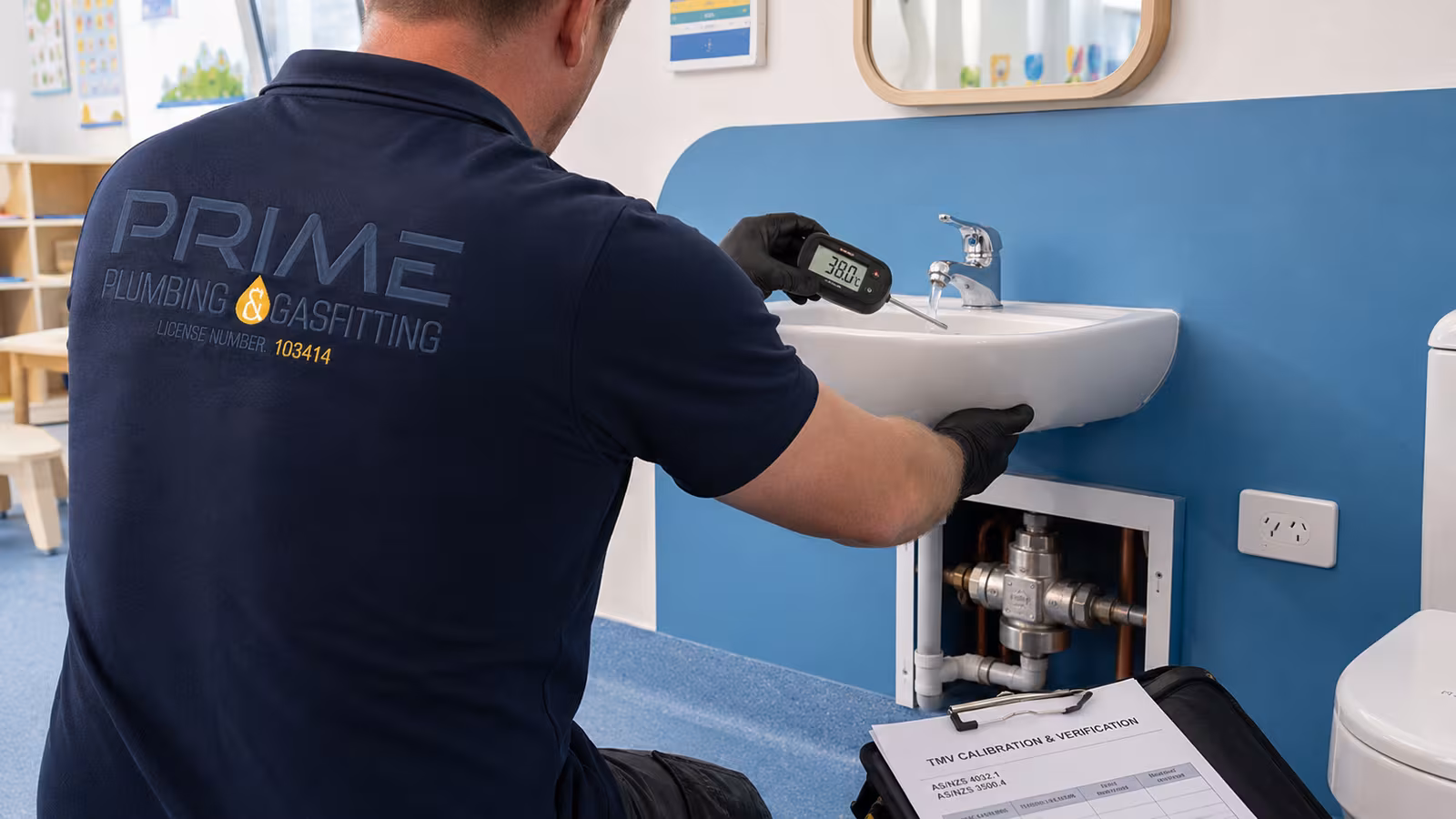 Childcare plumbing Melbourne, TMV testing under a toddler-height basin in a Melbourne long day care centre, Prime Plumbing & Gasfitting