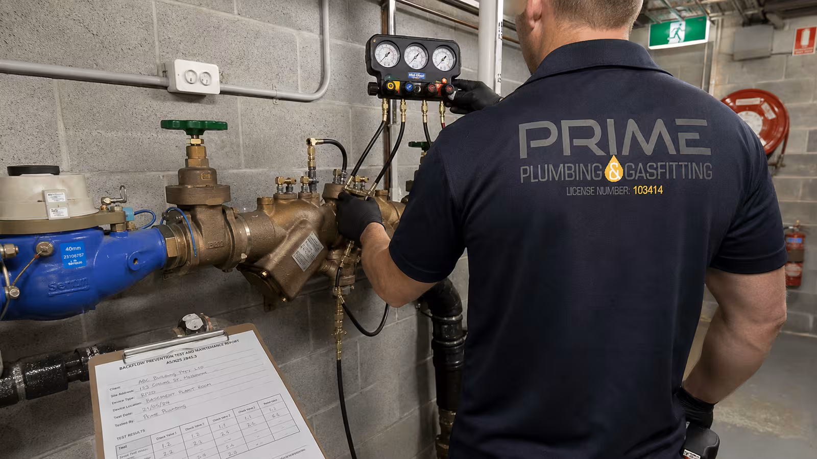Commercial property plumbing Melbourne, RPZD backflow test on a building main in a Melbourne office plant room, Prime Plumbing & Gasfitting