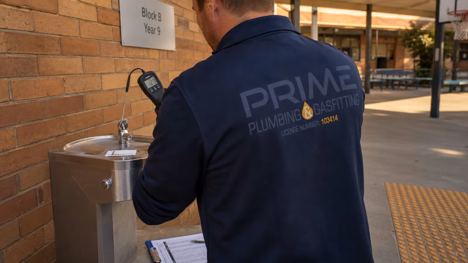 School plumbing Melbourne, drinking-fountain bubbler temperature and lead-safe water testing at a Melbourne secondary school, Prime Plumbing & Gasfitting