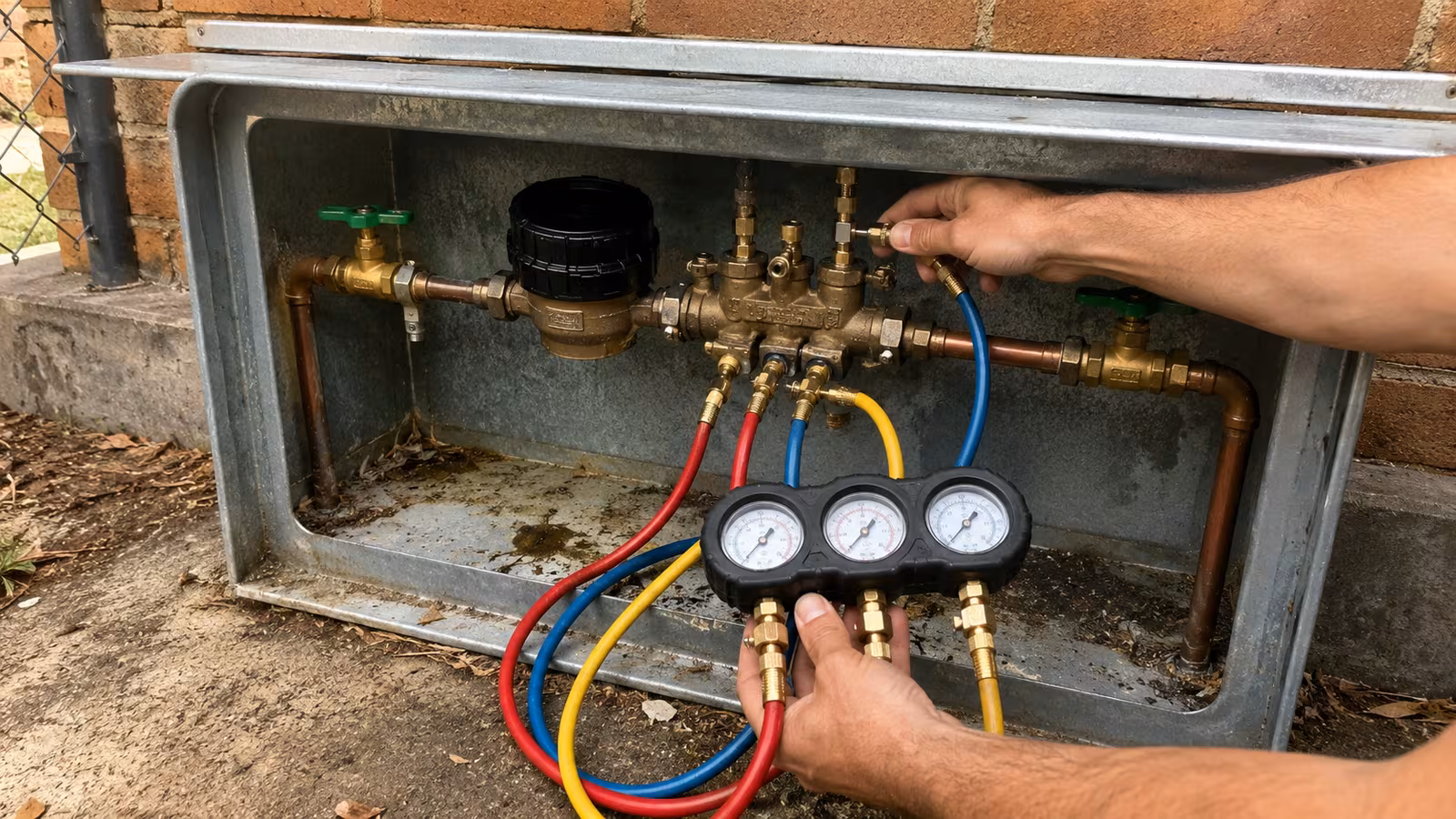 Backflow device on a school boundary water meter being tested