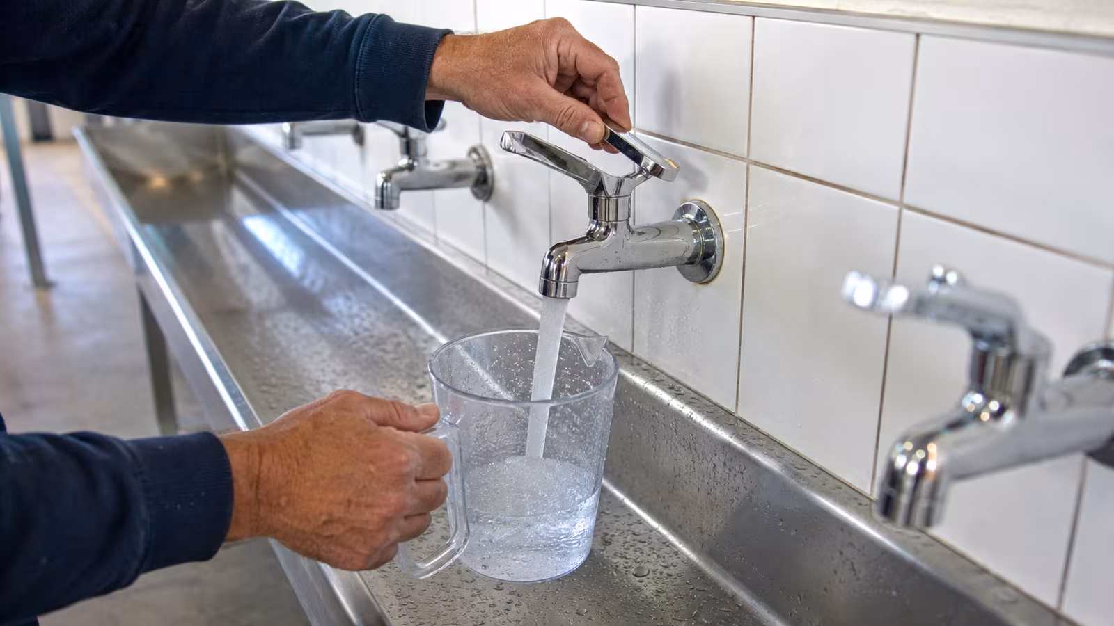 Testing flow at a row of student hand-wash troughs