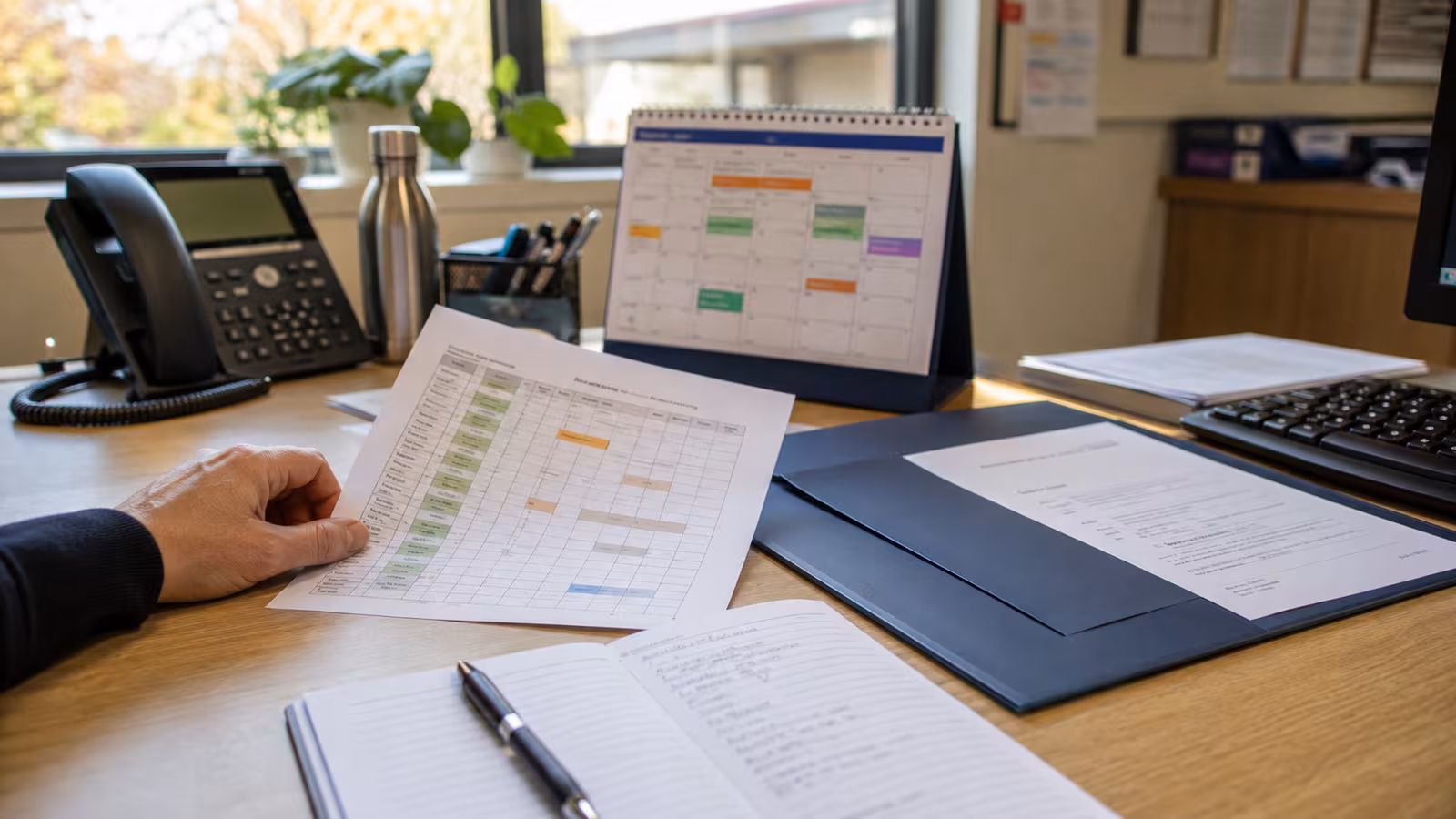 School-holidays works schedule and quote folder on a desk