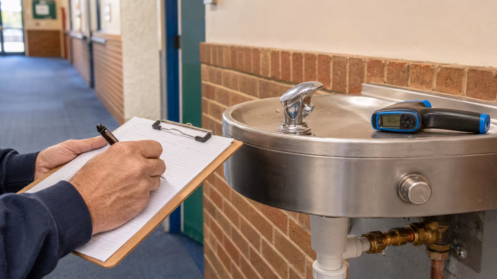 Filling in a water-temperature test log by a school drinking fountain