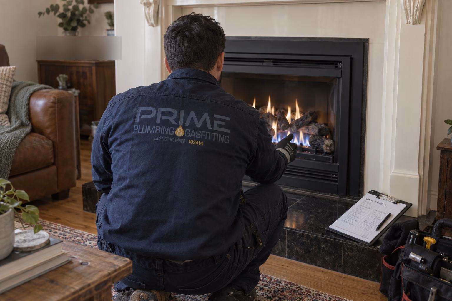 Final check of a serviced gas log fire burning with a clean blue flame in a Melbourne living room