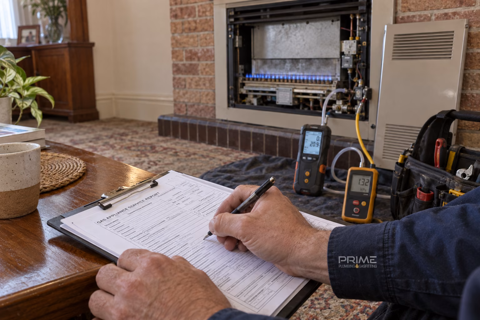 Gas heater service report being filled in beside a wall furnace at a Melbourne property