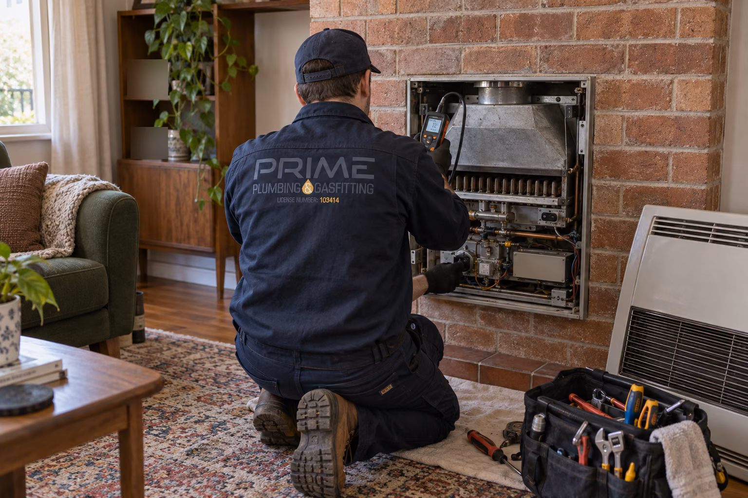 Gasfitter servicing a gas wall heater in a Melbourne home, front panel removed, carbon monoxide analyser in hand