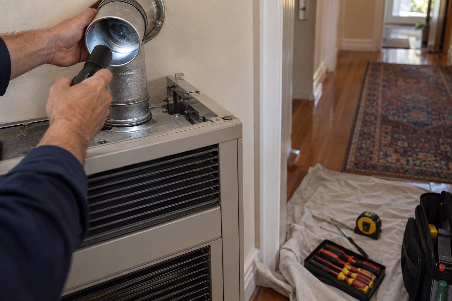 Inspecting the flue connection above a gas wall heater before a service in a Melbourne home