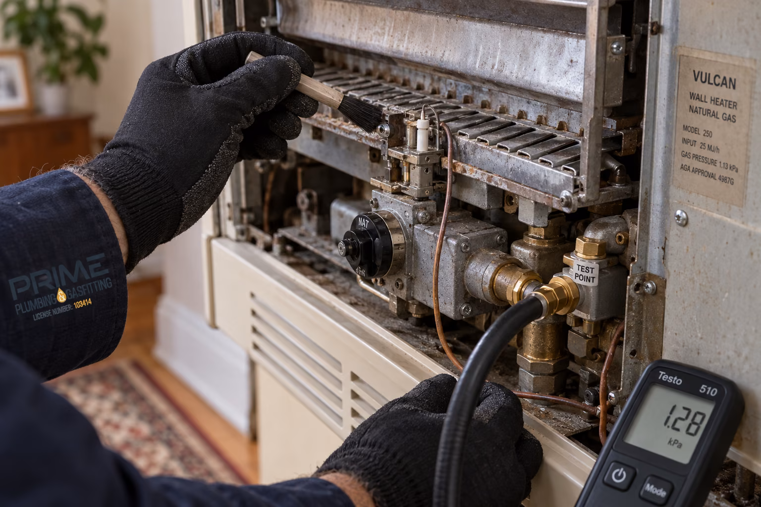 Close-up of a gas heater burner and pilot assembly being cleaned during a service