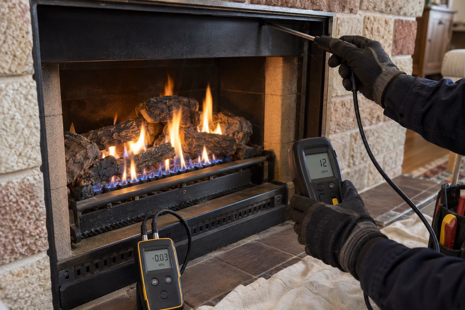 Carbon monoxide analyser testing a lit gas log fire during a service in a Melbourne home