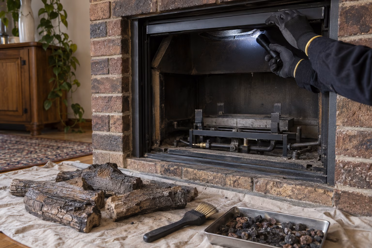 Checking the flue above a gas log fire with a torch before a service in a Melbourne home