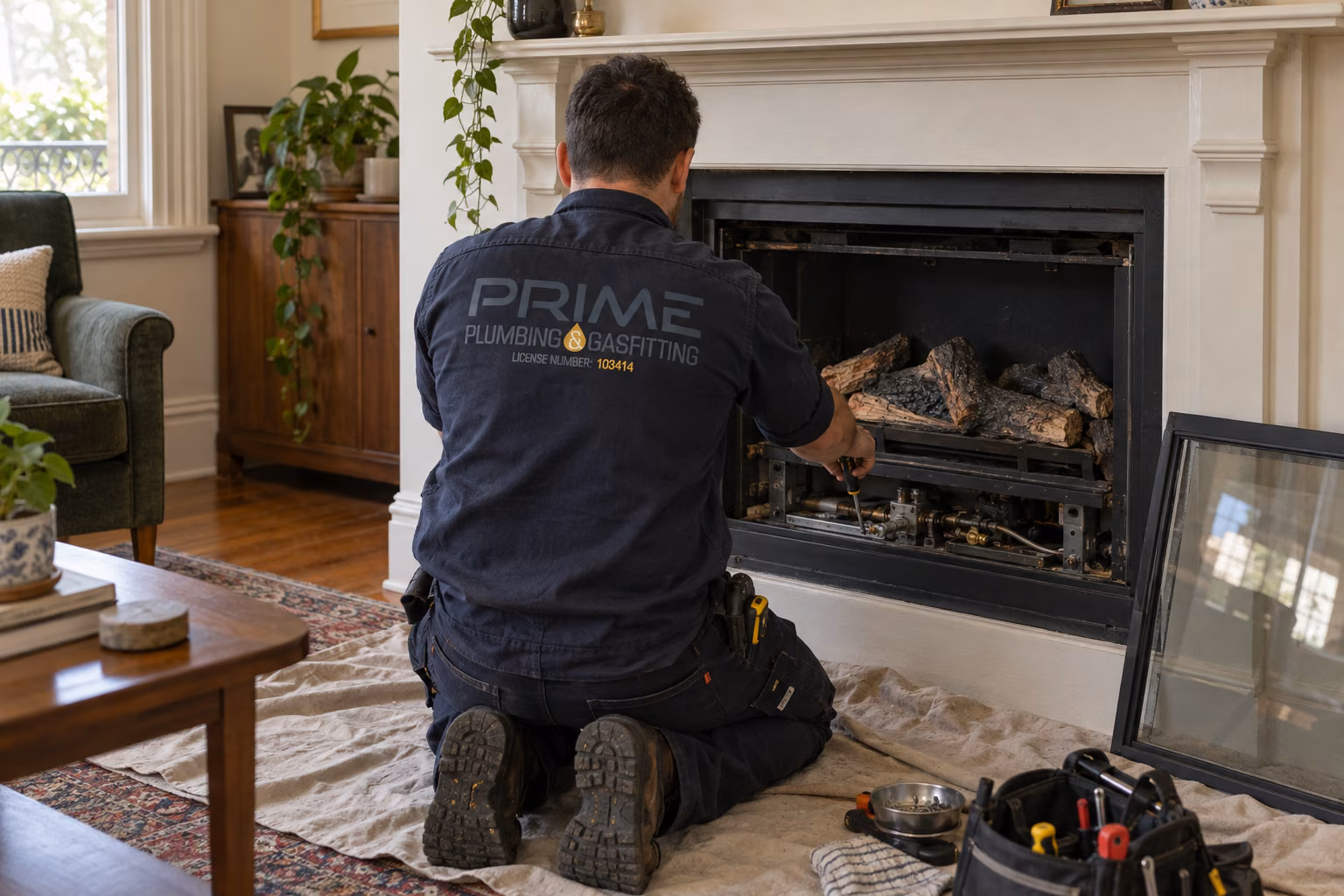 Gasfitter servicing a glass-fronted gas log fire in a Melbourne living room with the glass front removed