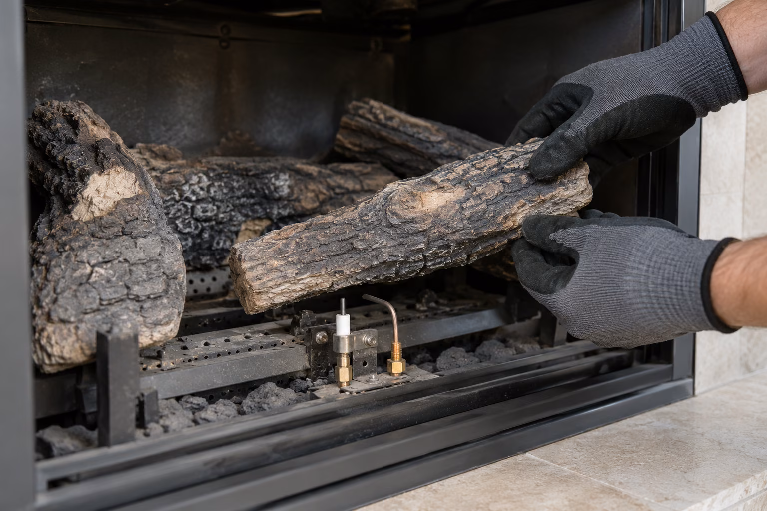 Ceramic log being placed back on the burner tray of a gas log fire during a service
